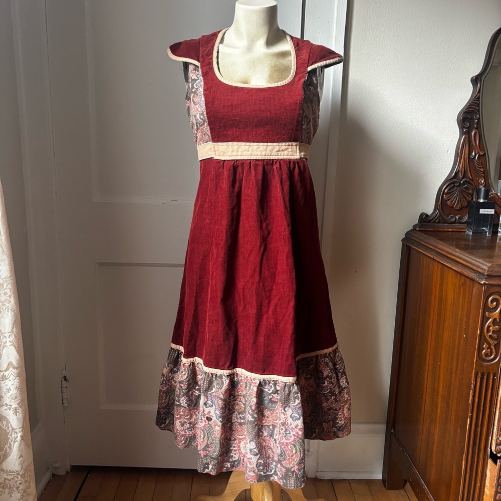Vintage 1970s Corduroy Paisley Floral Prairie Maxi Dress